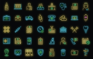 Family health clinic icons set. Outline set of family health clinic vector icons neon color on black