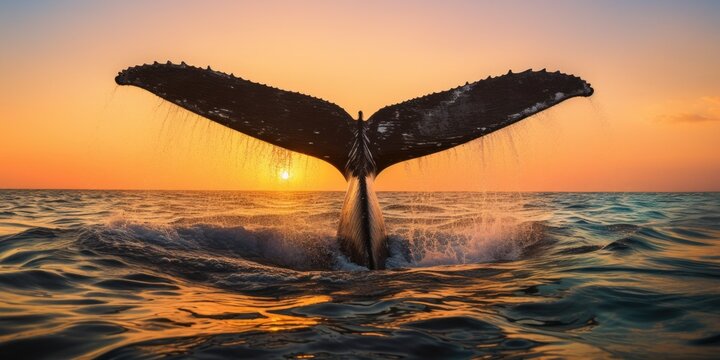 Whale tail diving into the ocean at sunset. Perfect for nature and wildlife enthusiasts