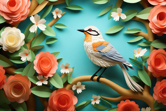 Crafted paper art bird,with vivid tones, stylized paper flowers and leaves on light turquoise background.National Bird Day. For greeting card, website scontent for arts,crafts workshops.