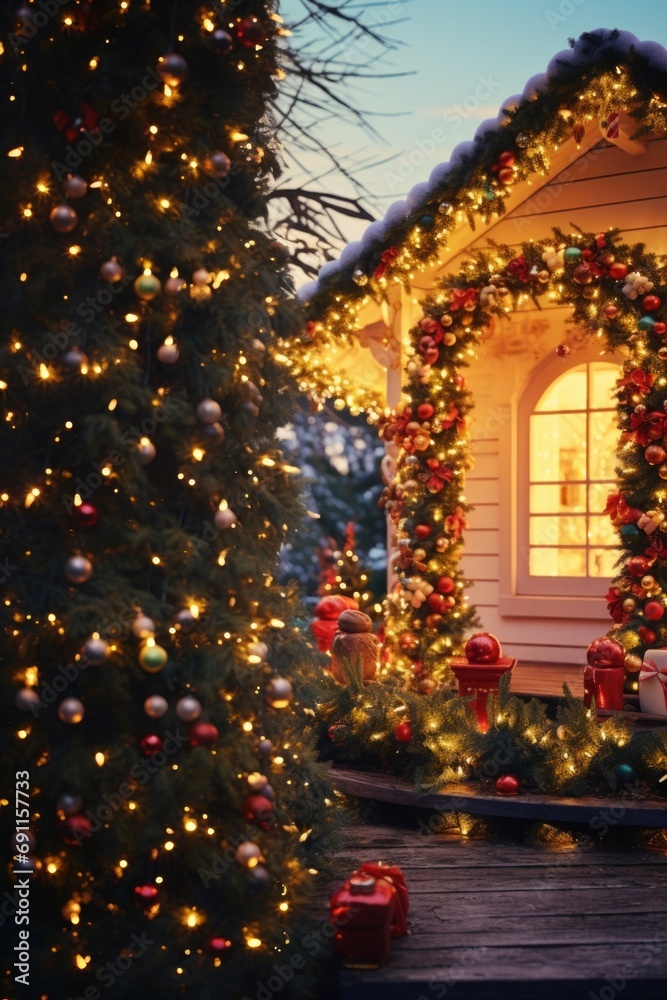 Poster a house adorned with colorful christmas decorations and twinkling lights. perfect for adding a touch