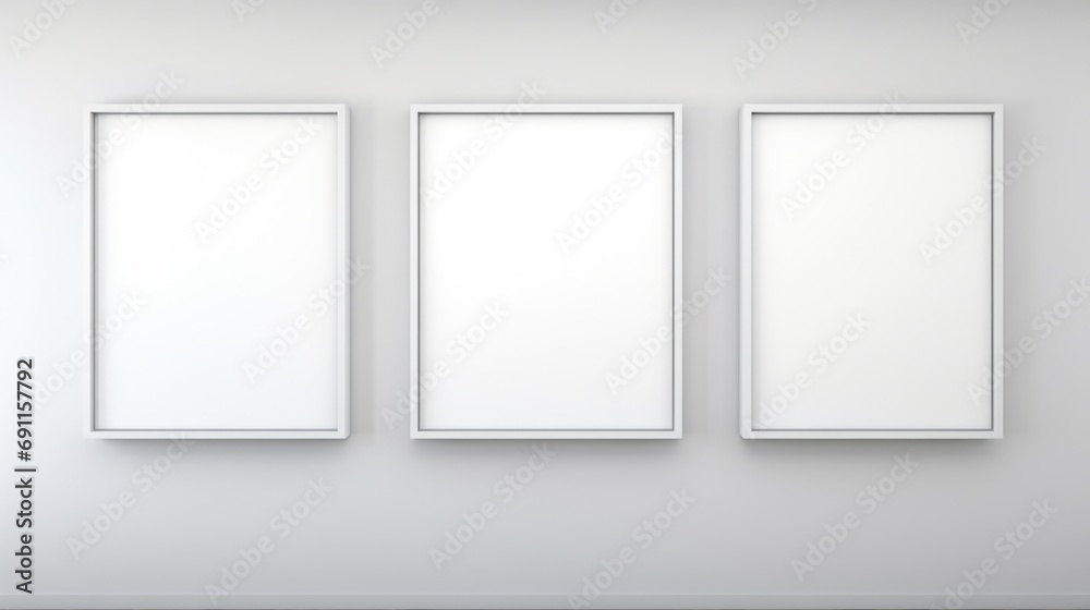 Poster three empty picture frames hanging on a wall. can be used for interior design concepts or showcasing