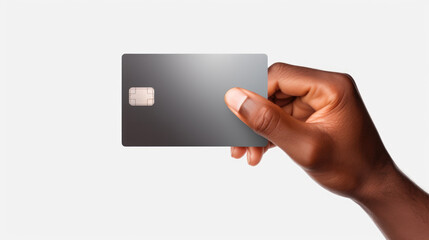 Hand holding a credit card against a white background. This image can be used for financial transactions and online shopping