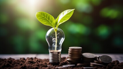 Green Energy Investment - Plants Growth On Money euro And Tree In Lightbulb - obrazy, fototapety, plakaty