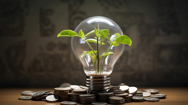 Green Energy Investment - Plants Growth On Money euro And Tree In Lightbulb