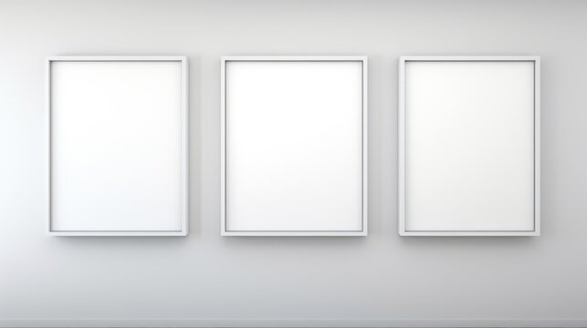 Three empty picture frames hanging on a wall. Can be used for interior design concepts or showcasing artwork
