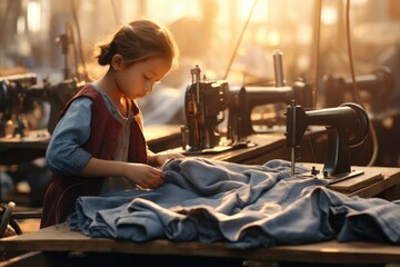 A young girl operating a sewing machine. Perfect for showcasing creativity and learning skills