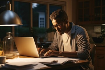 A man sitting at a table, focused on his laptop. Suitable for business, technology, or remote work concepts