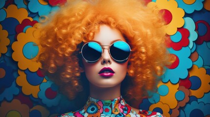 Fashion retro futuristic girl on background with circle pop art background. Woman in sunglasses in surrealistic 60s-70s disco club culture life style - obrazy, fototapety, plakaty