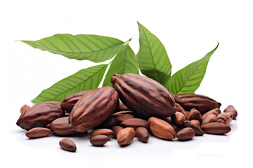 cocoa beans broken with grains inside close-up with green leaves isolated on a white background