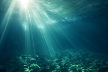 Obraz premium underwater, rays of sunlight penetrating from the surface, waves above, nobody
