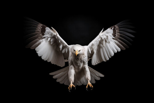 white eagle with claws lands, isolated on black background