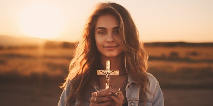 A woman holding a cross in front of her face. This image can be used to symbolize faith, spirituality, or religious beliefs.