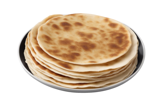 Stack of thin crepes in plate isolated on transparent or white background