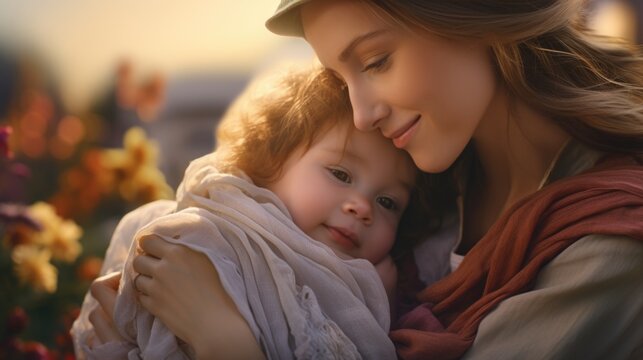 A woman holds a baby in her arms. This heartwarming image captures the bond between a mother and child. Perfect for family and parenting themes