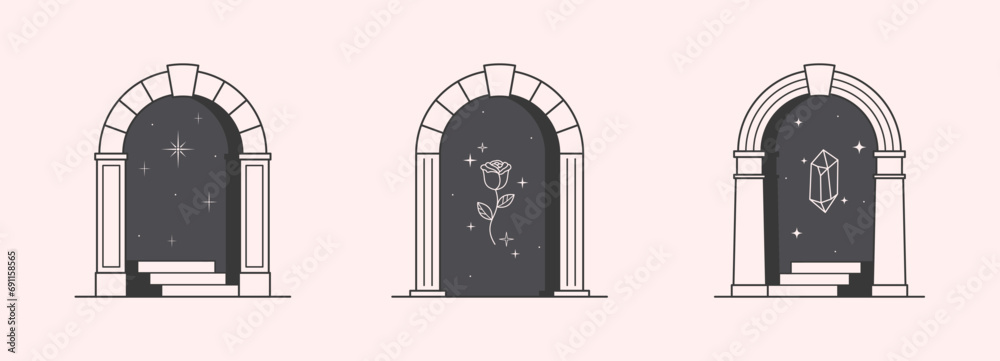 Wall mural vector mystic logo design templates with portals,steps,magic flower,stars and gem.surreal abstract i