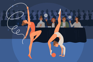 Artistic gymnast performance. Sports competitions. Athletes before jury. Exercise with rhythmic gymnastic equipment. Acrobatics tournament. Women flexible poses. Garish vector concept