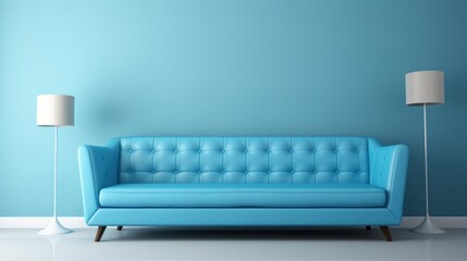  a blue couch sitting on top of a white floor next to a lamp and two lamps on either side of the couch and a light blue wall behind the couch.
