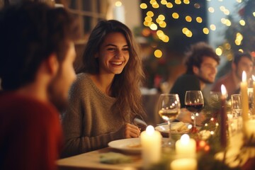 A group of people gathered around a dinner table, enjoying a meal together. Suitable for illustrating family gatherings, social events, or restaurant scenes - obrazy, fototapety, plakaty