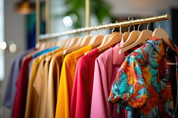 A colorful array of fashionable clothes on hangers in a boutique, offering a variety of styles.
