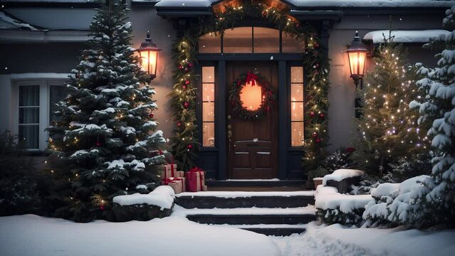 Front door of a house, a festive wreath or a unique door decorations Christmas ornament. Celebrate holidays. Snowfall.