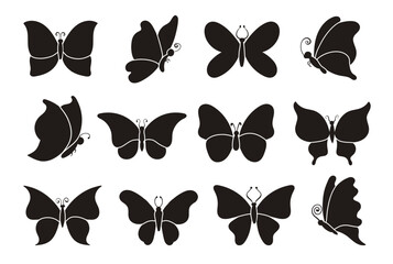 Butterfly silhouettes. Black winged insects. Different simple wavy monochrome shapes. Decorative natural creatures. Tropical bugs. Cute moth tattoo. Flying animals. Splendid vector set