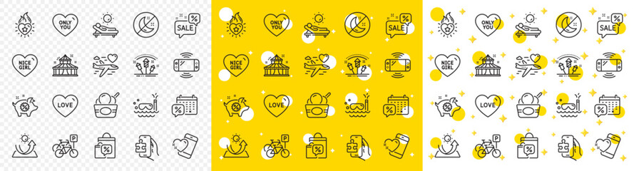 Fototapeta premium Outline Love, Ice cream and Discounts calendar line icons pack for web with Heart flame, Fireworks rocket, Honeymoon travel line icon. Game console, Piggy sale, Only you pictogram icon. Vector