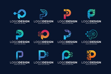 Collection of digital connection letter P logo designs - obrazy, fototapety, plakaty