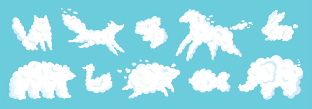 Cartoon animal shaped clouds. Imagination game. Cumulus zoomorphic forms. Bear and rabbit. Cloudy mammals. Horse and elephant. Outlines similarity. Garish vector cloudscape elements set