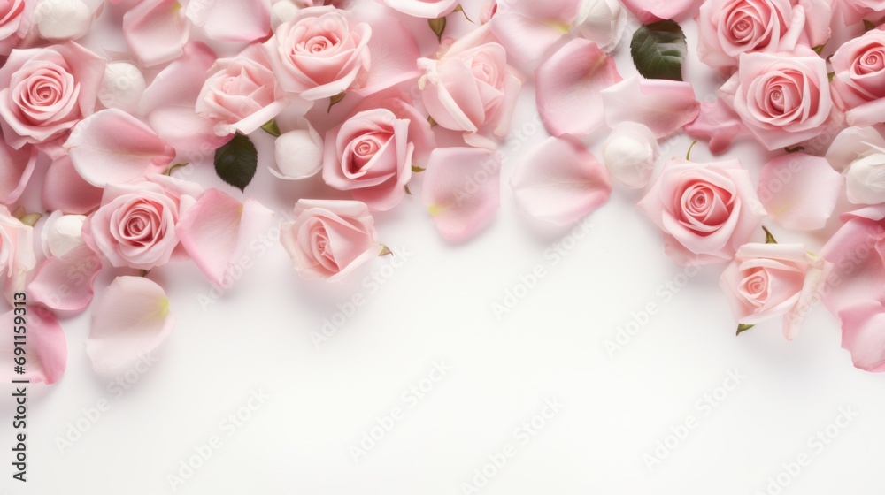Poster A beautiful arrangement of pink roses displayed on a clean white surface. Perfect for adding a touch of elegance to any project or design