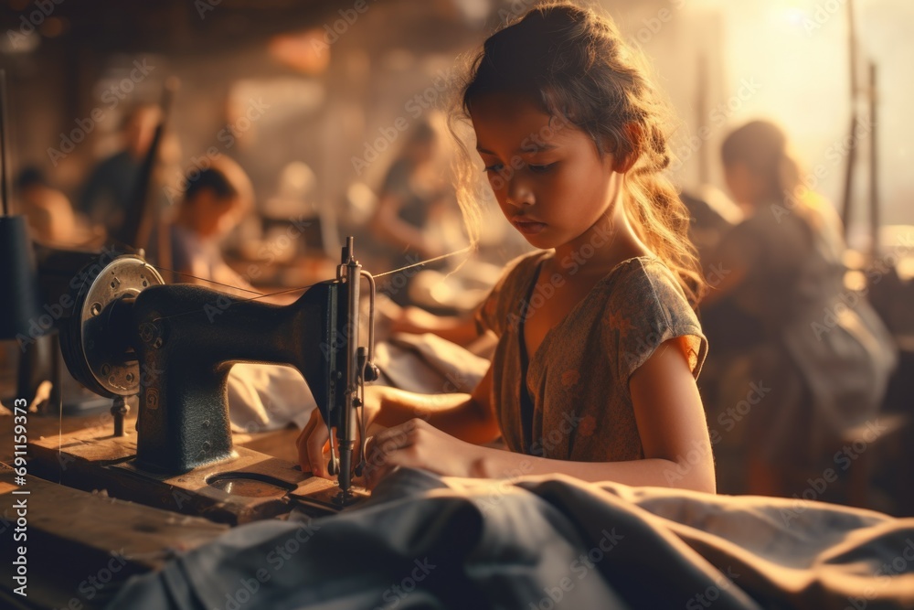 Poster a little girl is using a sewing machine. this image can be used to illustrate children learning a ne