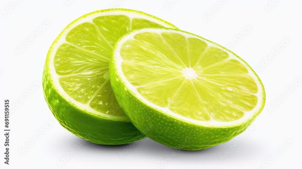Poster freshly cut limes, sliced in half, resting on a clean white surface. great for adding a refreshing t