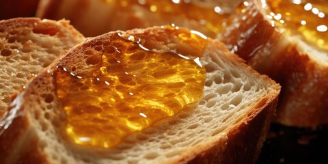 A close up view of a piece of bread with honey drizzled on top. Perfect for food and breakfast concepts