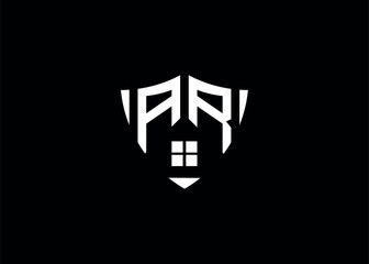 Real estate letter AR shield shape logo and house building vector template,