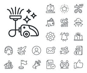 Cleaning service symbol. Salaryman, gender equality and alert bell outline icons. Vacuum cleaner line icon. Hoover sign. Vacuum cleaner line sign. Spy or profile placeholder icon. Vector