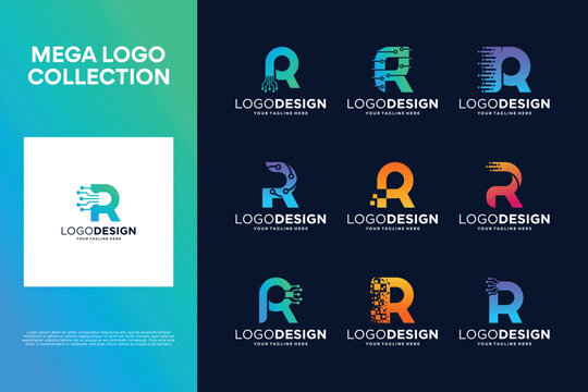 Collection of creative letter R logo designs. Abstract symbol for digital technology