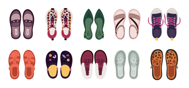 Female shoes top view. Colorful slippers, sandals and sneakers. Different types women footwear. Lacing and buckles. Casual loafers or gumshoes. Stylish accessories. Garish vector set