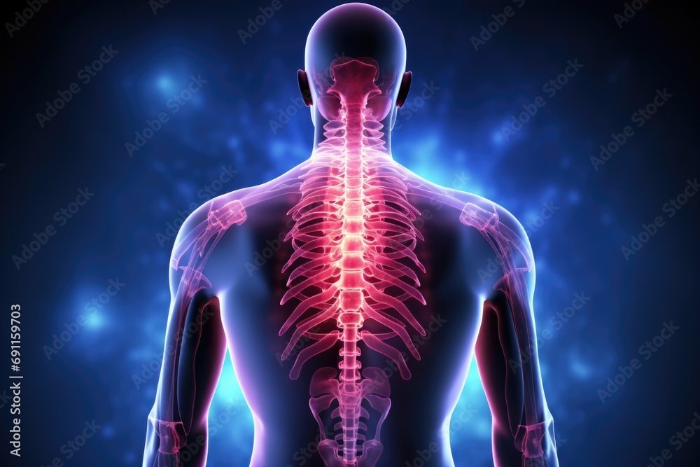 Poster a picture of a man's back with a highlighted spine. this image can be used for medical or educationa