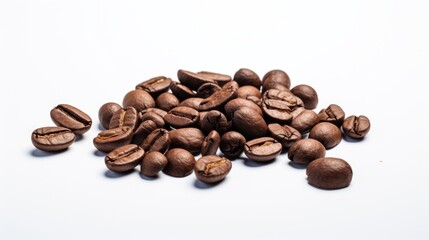 A pile of coffee beans on a white surface. Perfect for coffee-related designs and projects