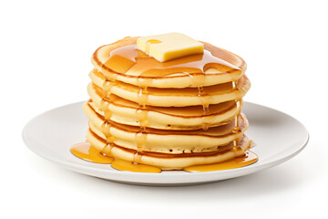 pancakes in stack on plate, butter, isolated on white background