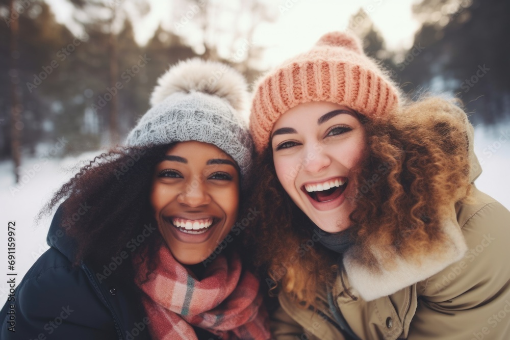 Poster Two women smiling and posing for a picture in a snowy setting. Ideal for winter-themed projects or capturing joyful moments in the snow