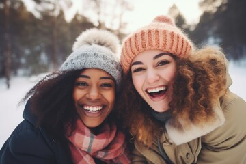 Fototapeta premium Two women smiling and posing for a picture in a snowy setting. Ideal for winter-themed projects or capturing joyful moments in the snow