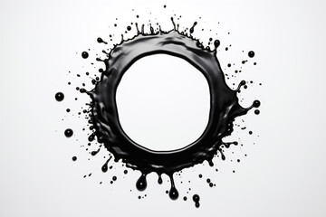 black liquid transparent splash, forming circle with drops, isolated on white