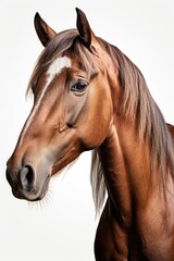 Obraz premium A brown horse with a distinctive white stripe on its face. This image can be used to depict farm animals, equestrian sports, or nature scenes