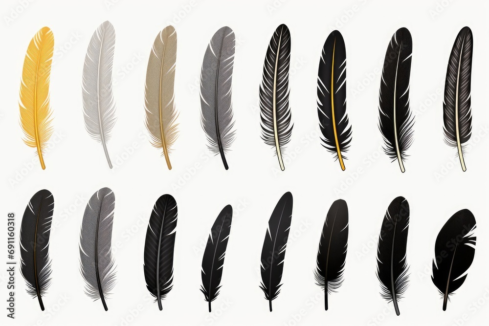 Aufkleber Colorful assortment of feathers displayed on a clean white background. Versatile and suitable for various design projects