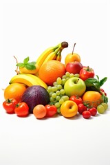 A pile of various fruits and vegetables. Suitable for healthy eating and nutrition concepts