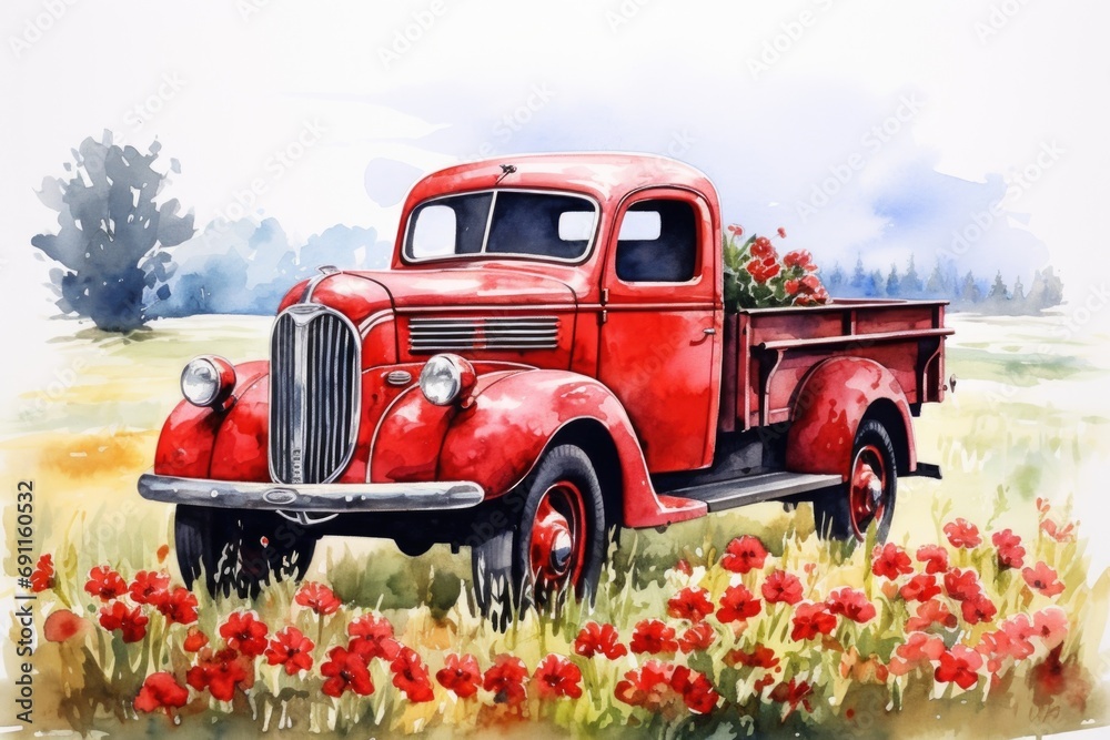 Poster a vibrant painting of a red truck amidst a beautiful field of flowers. perfect for adding a pop of c