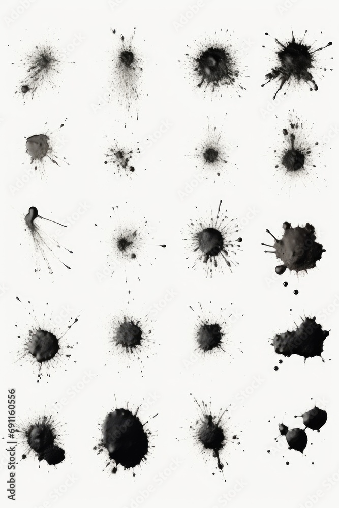 Poster A collection of ink splats on a clean white background. Perfect for adding a creative touch to designs and artwork