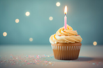 cupcake with festive burning pink candle