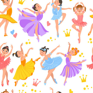 Seamless little ballerinas pattern. Young girls ballet dancers. Tutu dresses and pointe shoes. Dancing characters. Graceful princess. Theater performance. Splendid vector background
