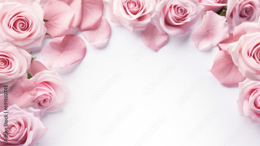 Poster a beautiful arrangement of pink roses displayed on a clean white surface. perfect for adding a touch